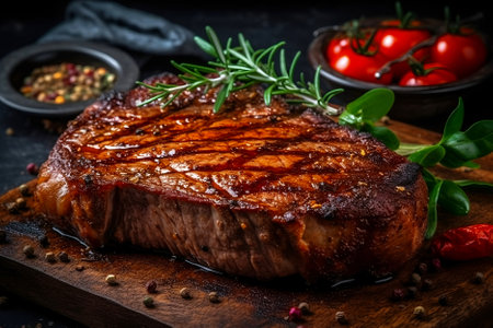Tasty flavor steak with rosemary and spices on wooden board. Delicious food.の素材