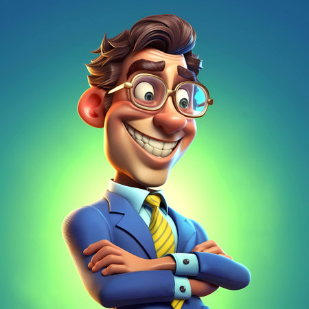 Happy businessman on the background of blurred money. 3d style cartoon character.の素材