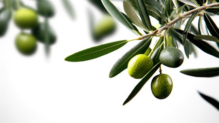 Close-up of an olive tree branch on a white background. Generative AI.の素材