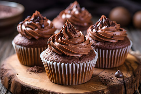 Delicious chocolate cupcakes on a wooden plate.の素材