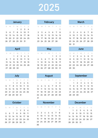 Calendar 2025 year. Week starts on SUNDAY. Vector illustration.のイラスト素材