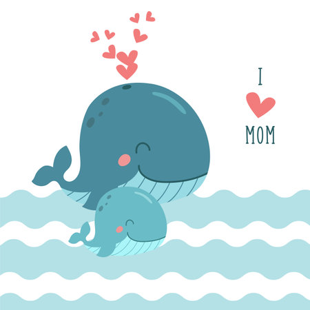 Cute cartoon whale mom and baby with pink hearts. I love mom. Vector illustration isolated on a white background.のイラスト素材