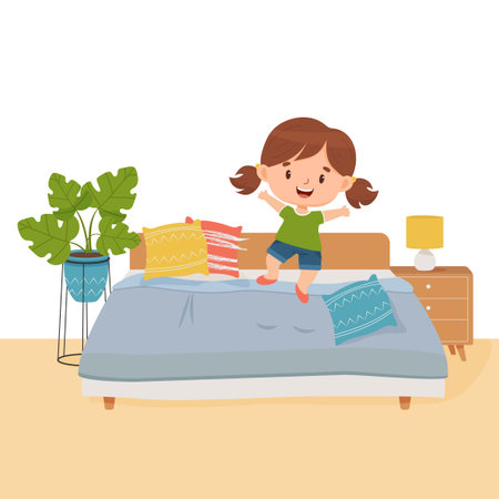 Little girl jumping on the bed. cartoon flat illustration.のイラスト素材