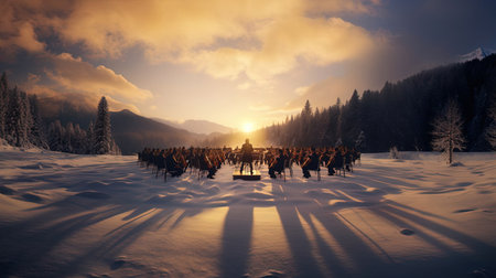 An orchestra plays in a snowy mountain valleyの素材