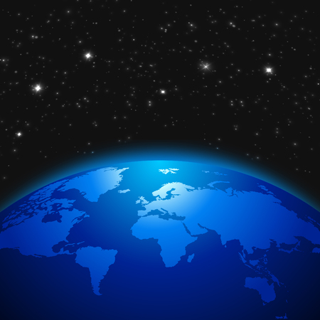 Creative abstract global communication scientific concept: space view of Earth planet globe with world map in Solar System of Universe.のイラスト素材