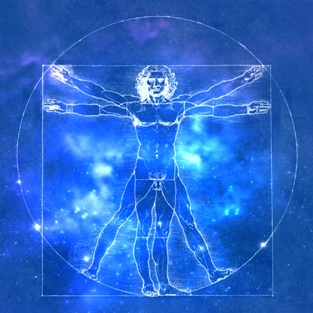 Leonardo Da Vinci Vetruvian Man, human anatomy. Cosmic backgroundの写真素材