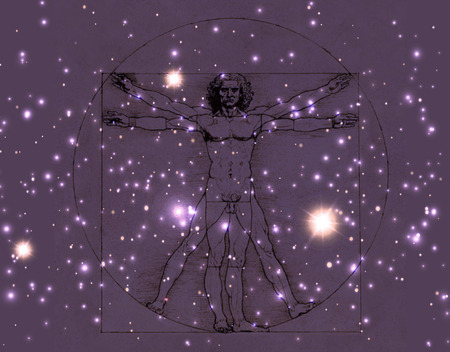 Leonardo Da Vinci Vetruvian Man, human anatomy. Cosmic background.