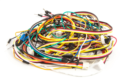 electronics components, LEDs, capacitors, resistors on a white background colored, communication, component, computer, connection, cablesの写真素材