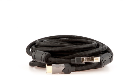 black hdmi cable on a white 