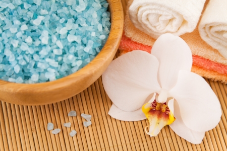 Towels, orchid, sea salt for Spa Treatmentの写真素材