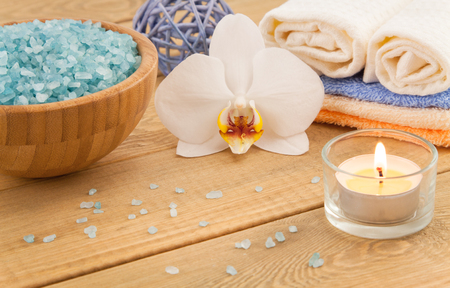 Towels, orchid, candle, sea salt for Spa Treatmentの写真素材