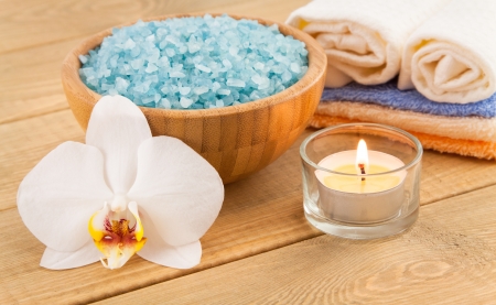 Towels, orchid, candle, sea salt for Spa Treatmentの写真素材