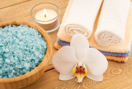 Towels, orchid, candle, sea salt for Spa Treatmentの写真素材