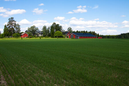 The view to the red farmhouse in rural Finlandの写真素材