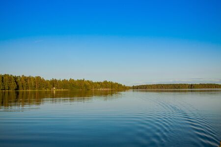 Forest reflecting on calm lake shore, Finlandの写真素材