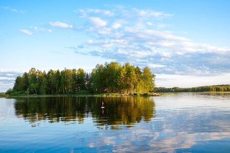 Forest reflecting on calm lake shore, Finlandの写真素材