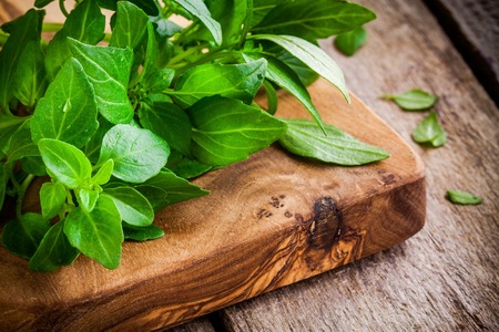 bunch of fresh organic basil in olive cutting board closeup on rustic wooden backgroundの写真素材