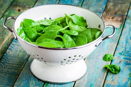 raw fresh spinach in a white colander  on a rustic wooden tableの写真素材