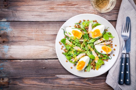 salad with chicken, lentils, green beans with mustard sauceの写真素材