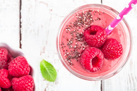 healthy breakfast: raspberry smoothies with chia seedsの写真素材