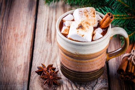 hot chocolate with marshmallows and cinnamon in mug on a wooden backgroundの写真素材