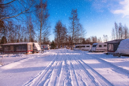 Caravan park in winter in rural Finlandの写真素材