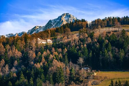 idyllic landscape in alps with mountain chalet. Dolomites alps, Italyの写真素材