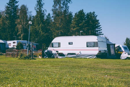 Camping life with caravans in nature park in rural Finlandの写真素材