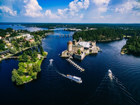 Aerial view of olavinlinna medieval castle in Savonlinna, Finland. Drone photographyのeditorial素材
