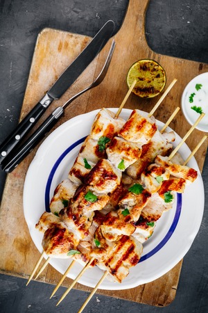 Grilled Cilantro Chicken Skewers. Top viewの写真素材