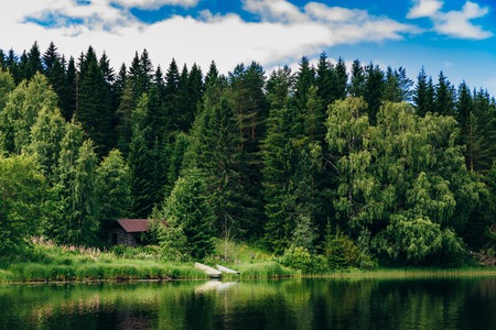 Summer cottage or log cabin by the blue lake in rural Finland. Idyllic countryside landscape view with blue water and green forest.の写真素材