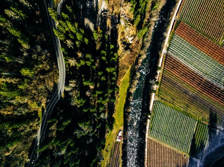 Aerial view of vineyard fields during winter in Italy. View fron above
