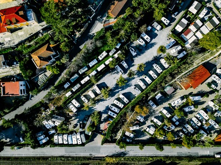 Aerial view of Campsite with caravans on holiday or vacation in rural Italyの写真素材