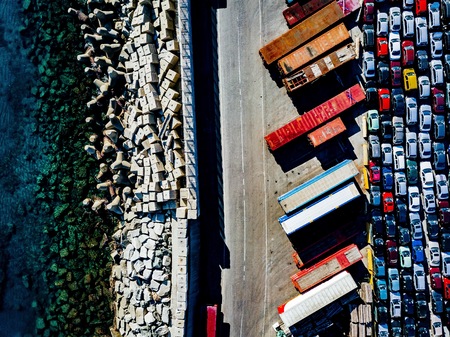 Aerial view of used cars lined up in the port for import and export.の写真素材