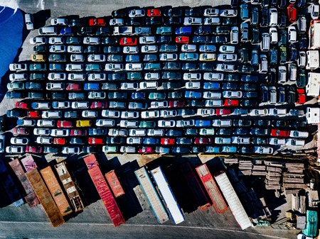 Aerial view of used cars lined up in the port for import and export.の写真素材