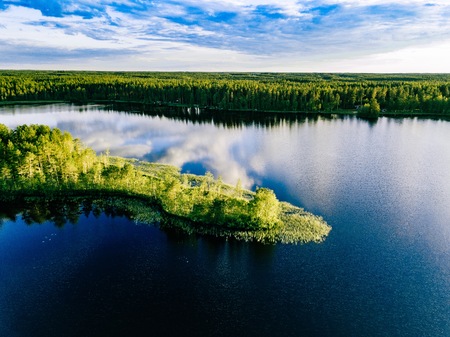 Aerial view of blue lakes landscape with green forests on a sunny summer day in Finland. Drone photography from aboveの写真素材