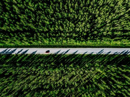 View of a country road with red car in the middle of green summer forest in rural Finlandの写真素材