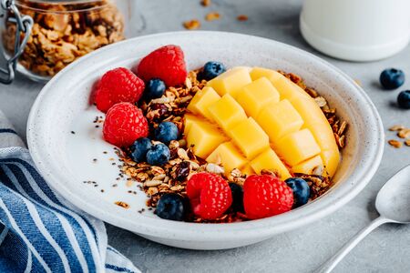 Healthy breakfast cereal bowl homemade granola with fresh blueberry, raspberry and mango
