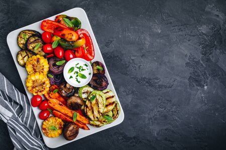 Grilled Vegetable Platter with Zucchini, mushrooms, eggplant, carrots, pepper bell, tomato, onions,...