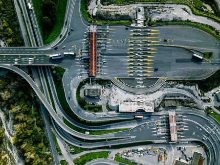 Aerial view gate for expressway fee payment in the city, toll collection point on the motorway in...