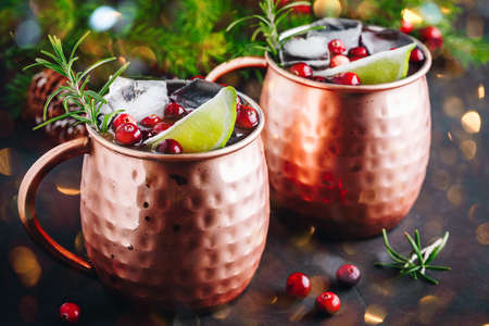 Moscow Mule cocktail with cranberries and lime in copper mugs for Christmasの写真素材