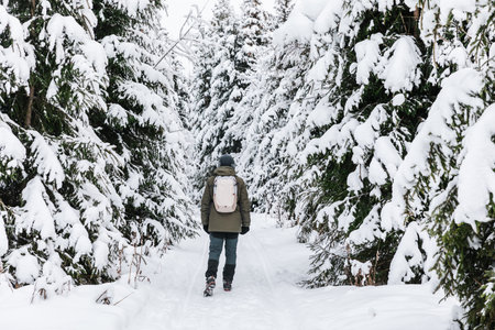 Man with backpack walking on snow covered forest. Beautiful winter time outdoors. Back view.