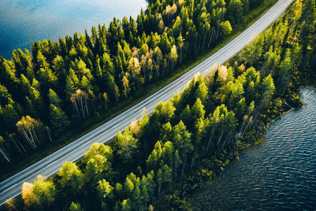 Aerial view of road between green summer forest and blue lake in Finland Lapland.の写真素材