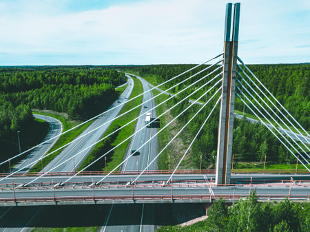 Aerial view of bridge over highway road in Finland. Beautiful summer landscape.の写真素材