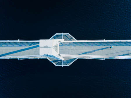 Aerial view of Ylisto footbridge over blue lake in Finland, Jyvaskyla. Beautiful summer landscape.の写真素材
