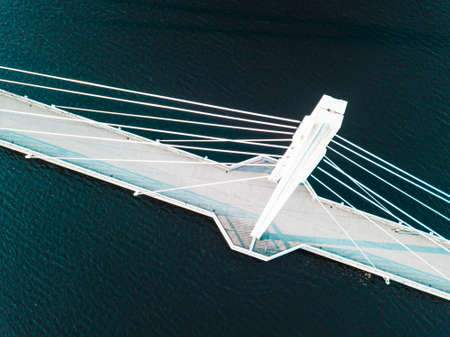 Aerial view of Ylisto footbridge over blue lake in Finland, Jyvaskyla. Beautiful summer landscape.の写真素材