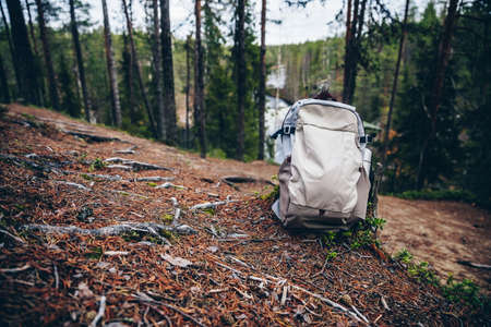 Touristic Backpack of hiker on ground in fall forest in Finlandの写真素材