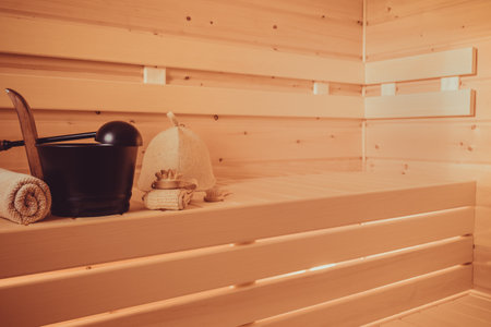Sauna. Wooden Finnish sauna, empty steam room with spa accessories