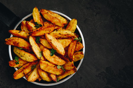 Roasted potatoes. Baked potato wedges in frying pan on dark stone background. Top view with copy...