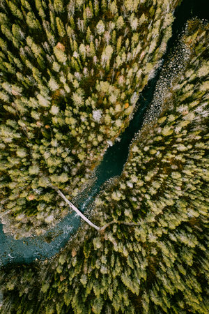 Aerial view of blue water river with suspension bridge and green woods in Finland.